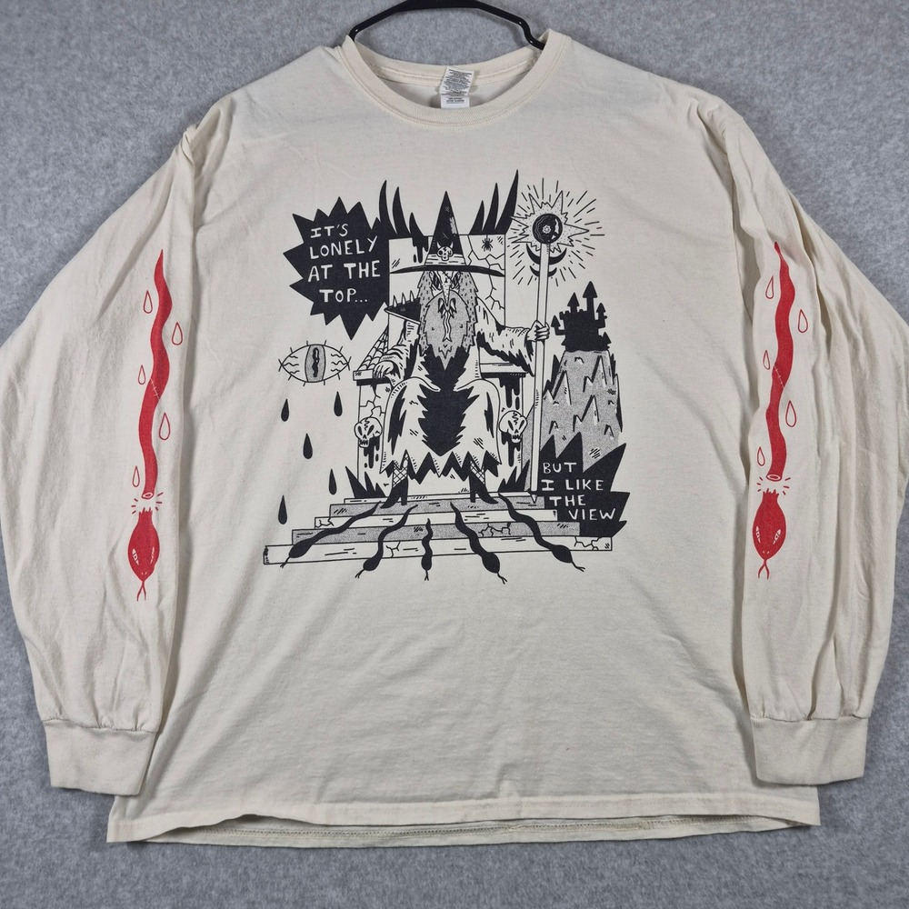 Gildan Graphic Long Sleeve T-Shirt Mens XL Cream Wizard It's Lonely At The Top